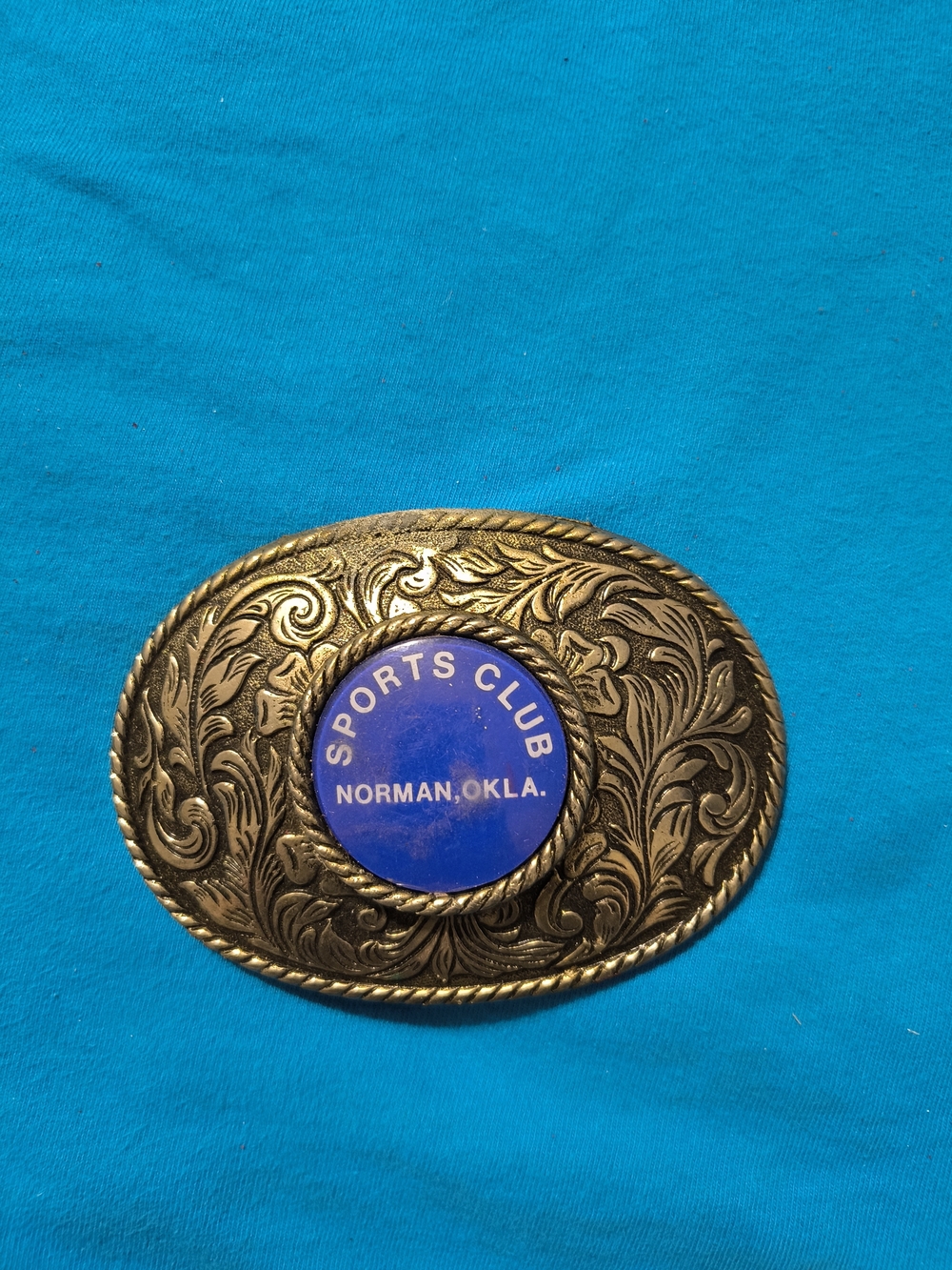 Source Unknown Blue and Brass Sports Club Belt Buckle